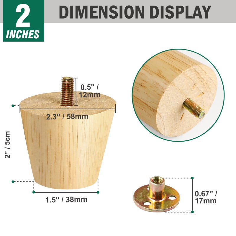FoDau770 Solid Wood Furniture Legs 2 Inche, Straight Tapered Wood Legs Mid Century Sofa Legs Set of 4, 5/16"" UNC Furniture Feet Wood Replacement Legs for Cabinet Sofa Couch Dresser Chair Ottoman Table - Image 3